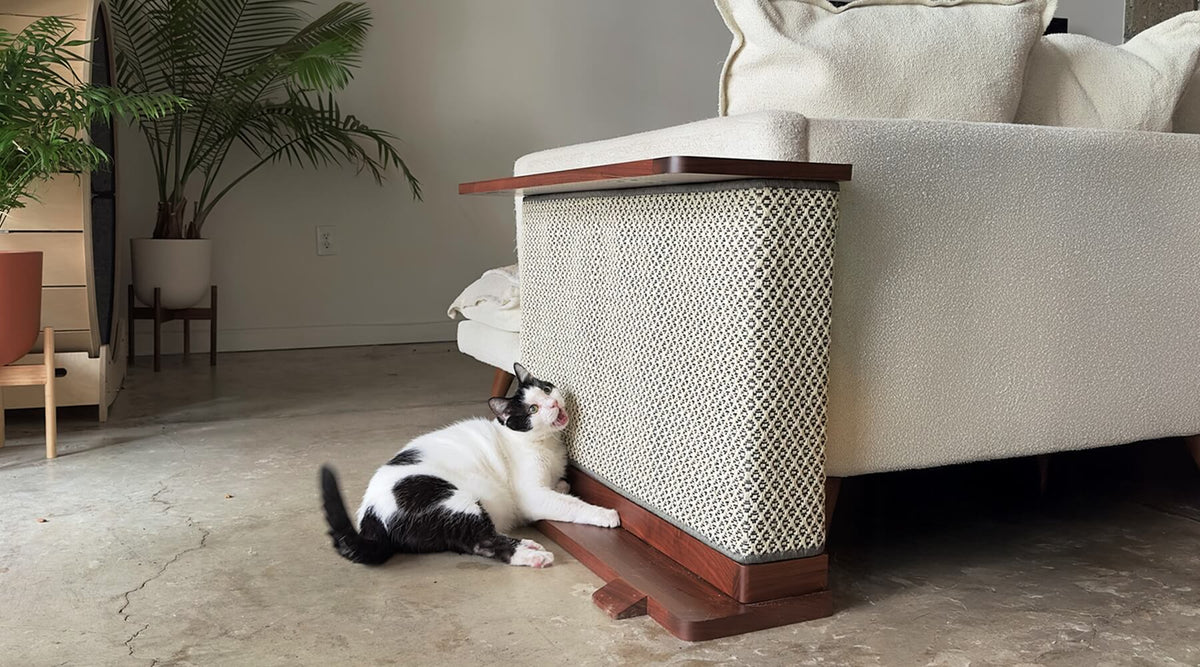 A black and white cat scratches a natural sisal Cat-e-Corner, highlighting the benefit of replaceable cat scratchers