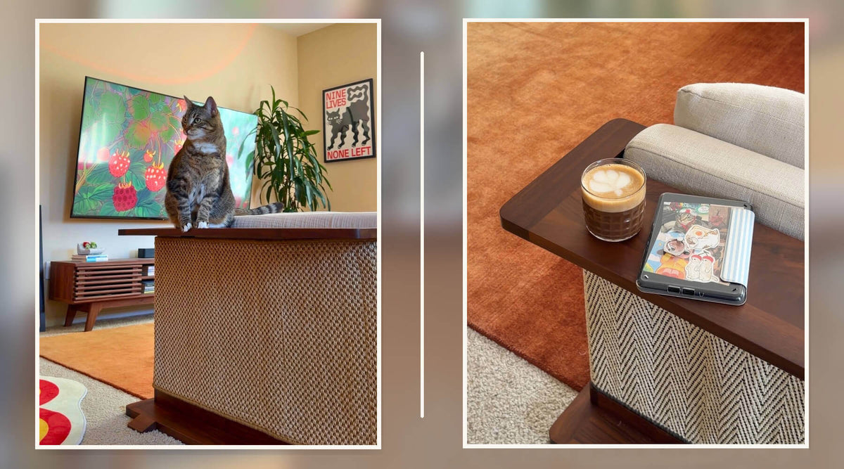 A cat perched on a cat scratcher table that doubles as a side table