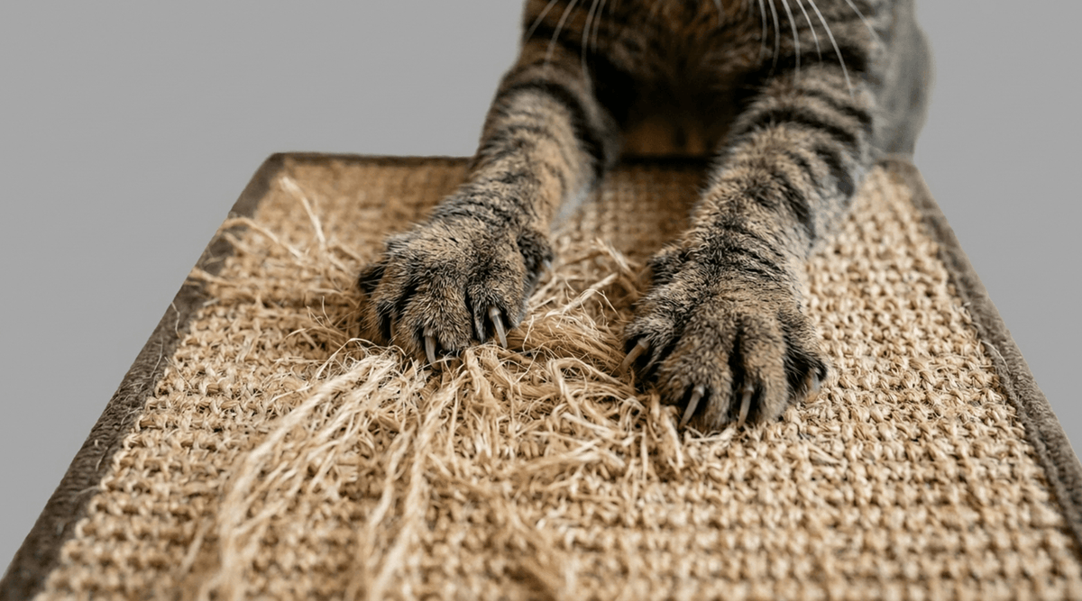 A cat's paws are deeply embedded in a scratching post, clearly indicating that the cat’s scratching post is too worn out