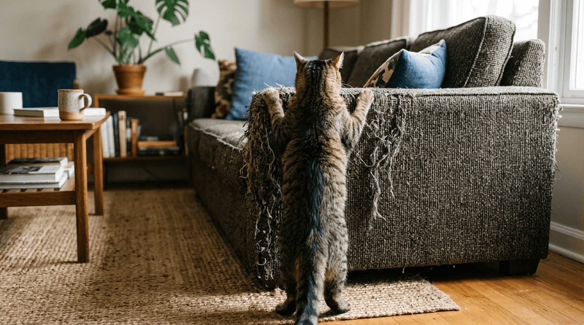 A cat stands on its hind legs, vigorously scratching the damaged armrest of a dark gray sofa, clearly in need of better tall or wide scratching surfaces 