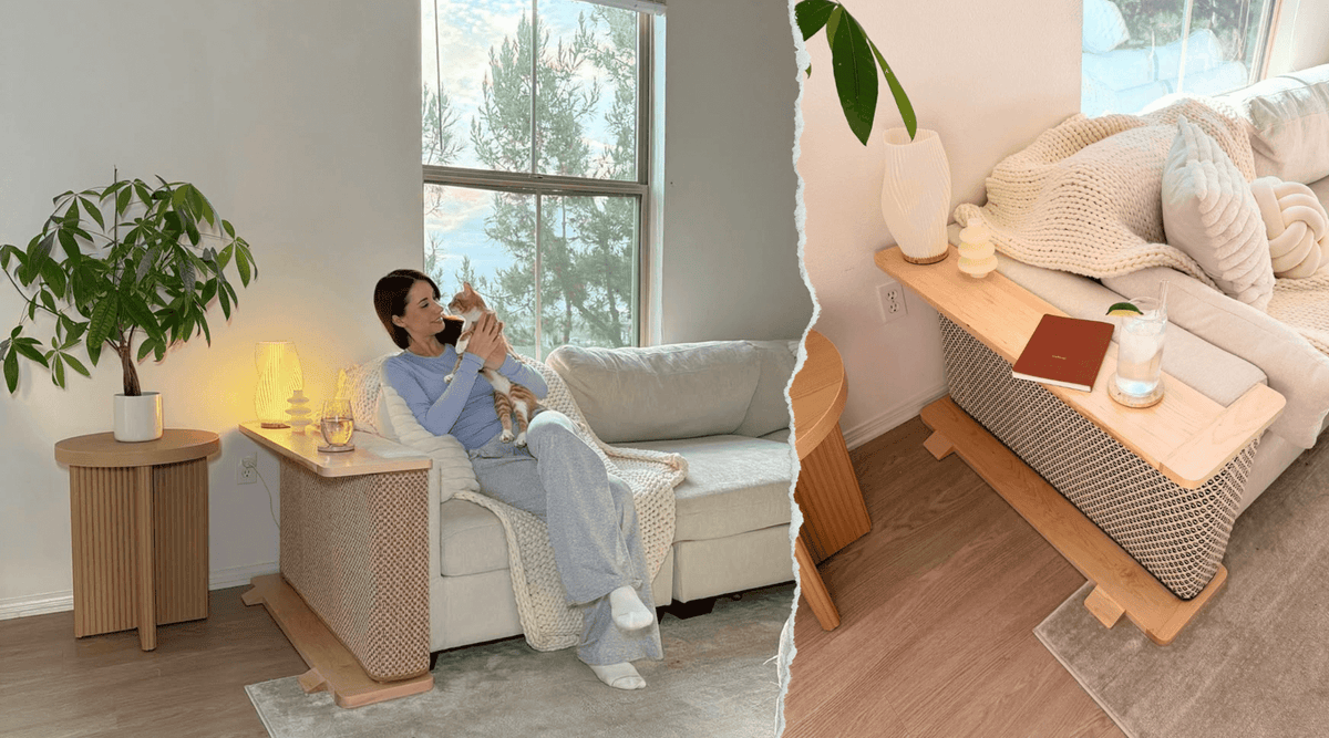 A woman petting a cat while sitting on a sofa next to Cat-e-Corner, implying that indoor cats need more scratching options in winter
