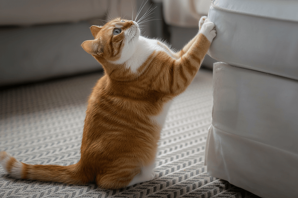 An orange and white cat scratching a light-colored upholstered furniture item, highlighting why one scratching post is rarely enough