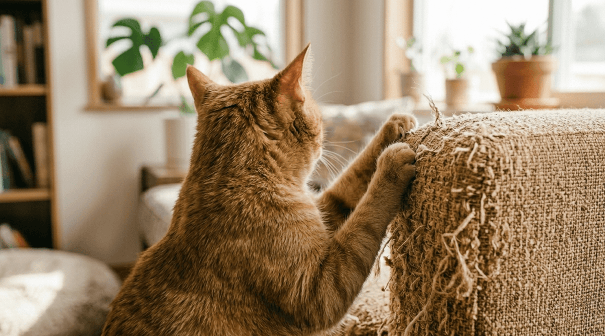 An orange cat is scratching a sofa corner, a classic example of why cats scratch furniture instead of sisal