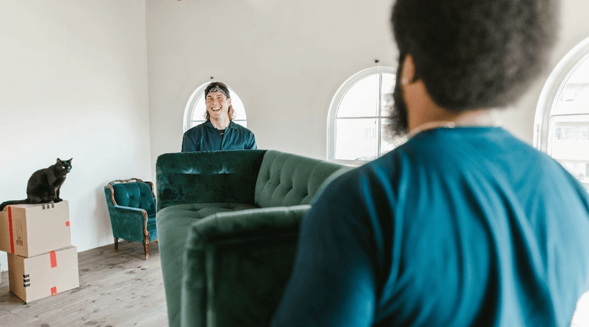 Men moving a green velvet sofa as a black cat watches, a scenario where you'd need to protect a brand-new sofa from cats