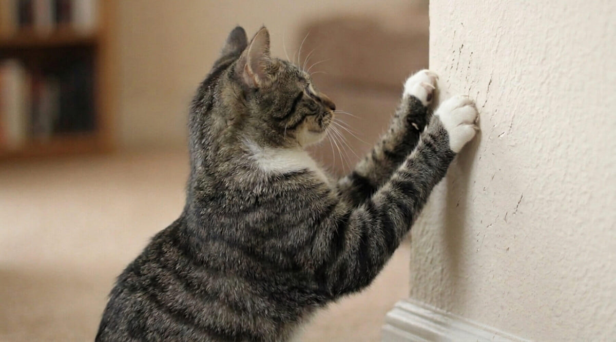 a cute cat scratching a wall, illustrating why is my cat scratching the walls