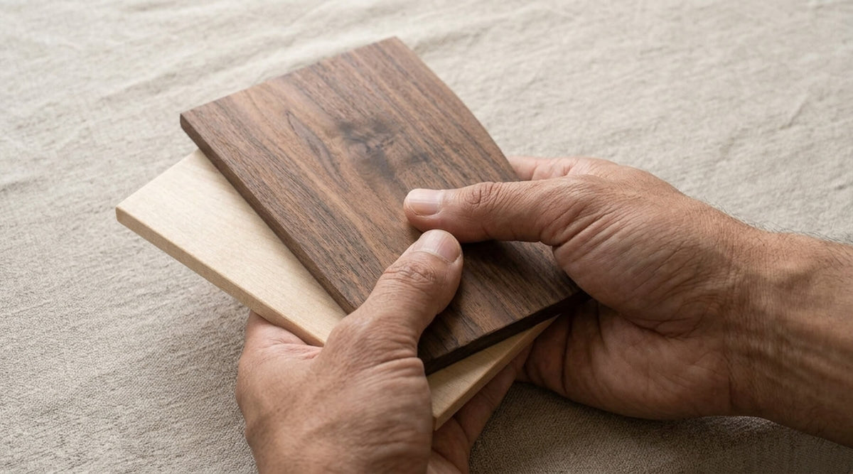 hands holding two wood samples to decide between maple or black walnut Cat-e-Corner
