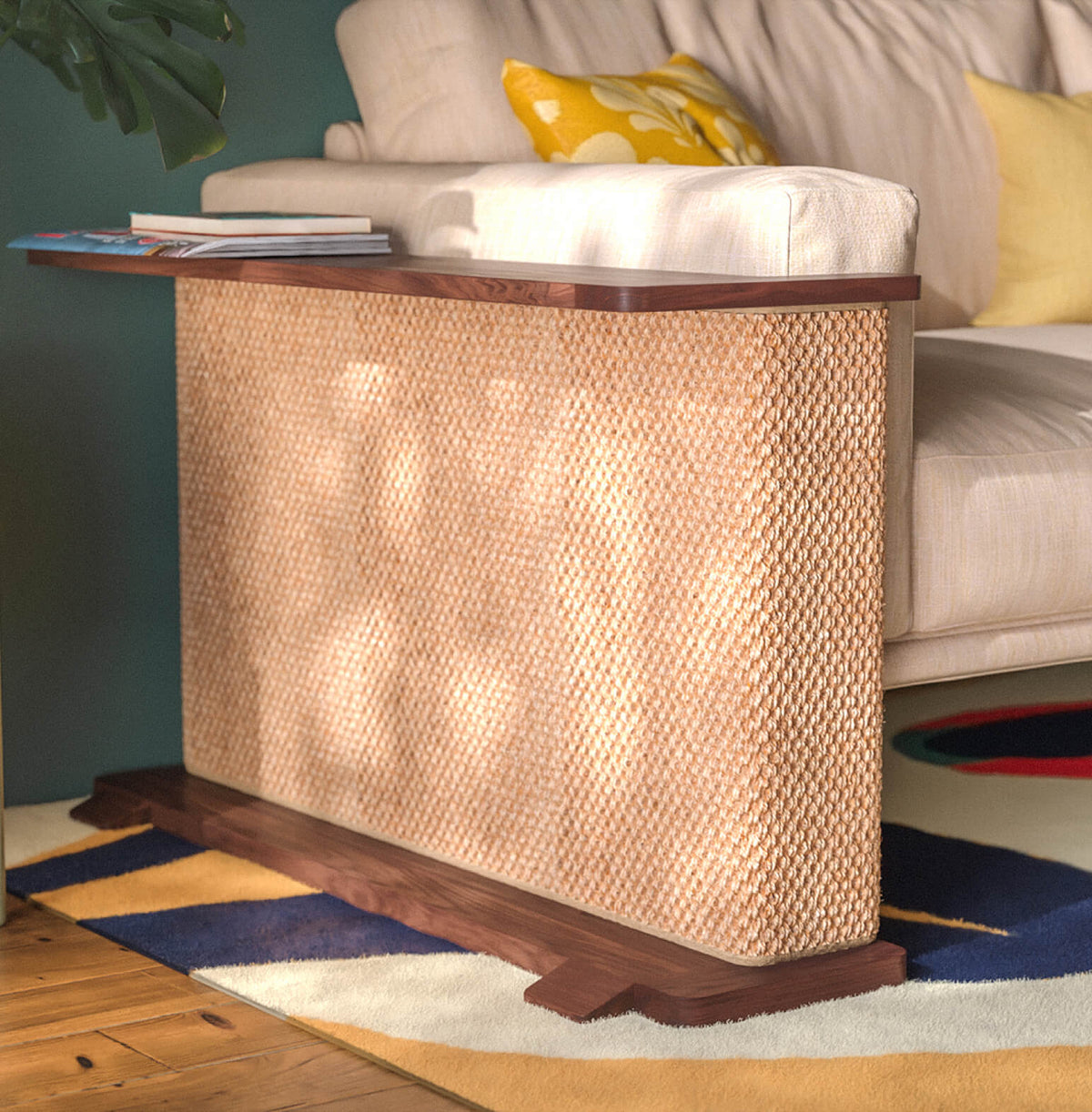 HILDE & PHIL Cat-e-Corner solid wood cat scratching table in black walnut with a built-in scratching surface
